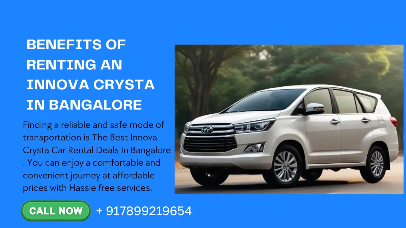 Toyota Innova Crysta MPV driving on a scenic highway in Bangalore, surrounded by lush greenery. Text overlay: "Explore Bangalore in Comfort: Find the Best Innova Crysta Rental Deals"