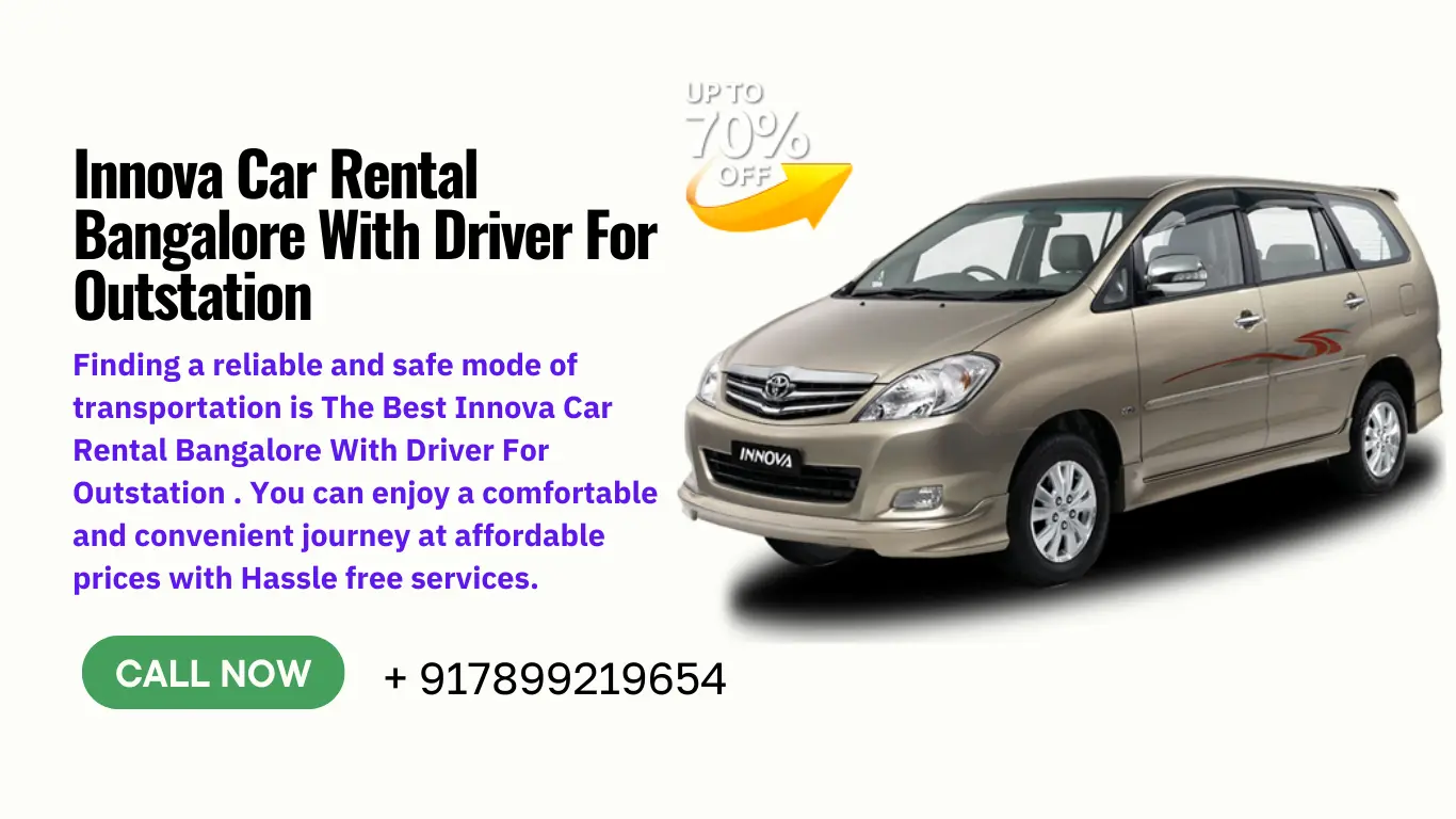 Spacious Innova car cruising on a scenic highway near Bangalore, perfect for outstation trips with family or friends. A driver navigates the route, ensuring a relaxing and enjoyable journey. 