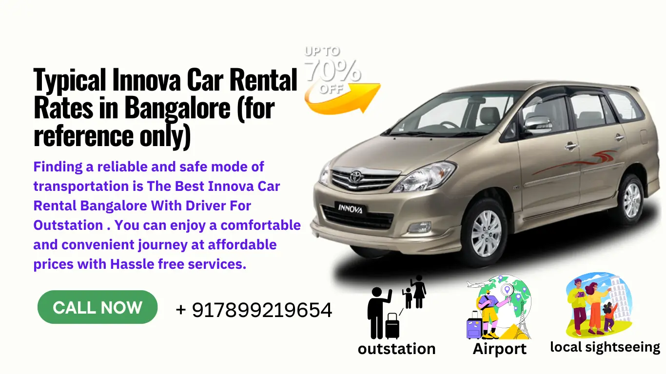 Spacious Innova car cruising on a scenic highway near Bangalore, perfect for outstation trips with family or friends. A driver navigates the route, ensuring a relaxing and enjoyable journey. 