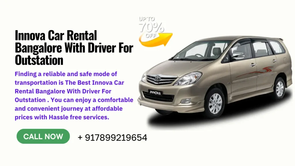 Spacious Innova car cruising on a scenic highway near Bangalore, perfect for outstation trips with family or friends. A driver navigates the route, ensuring a relaxing and enjoyable journey.