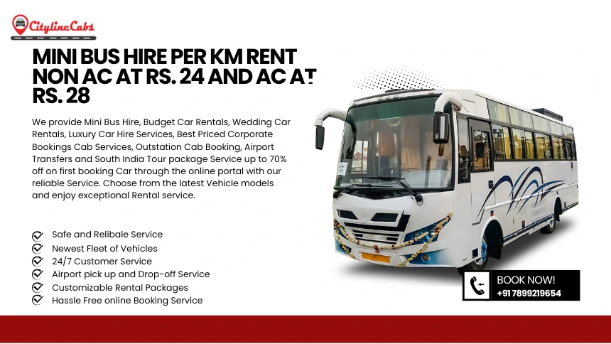 Mini Bus Hire Per km Rent Non AC at Rs. 24 and AC at Rs. 28